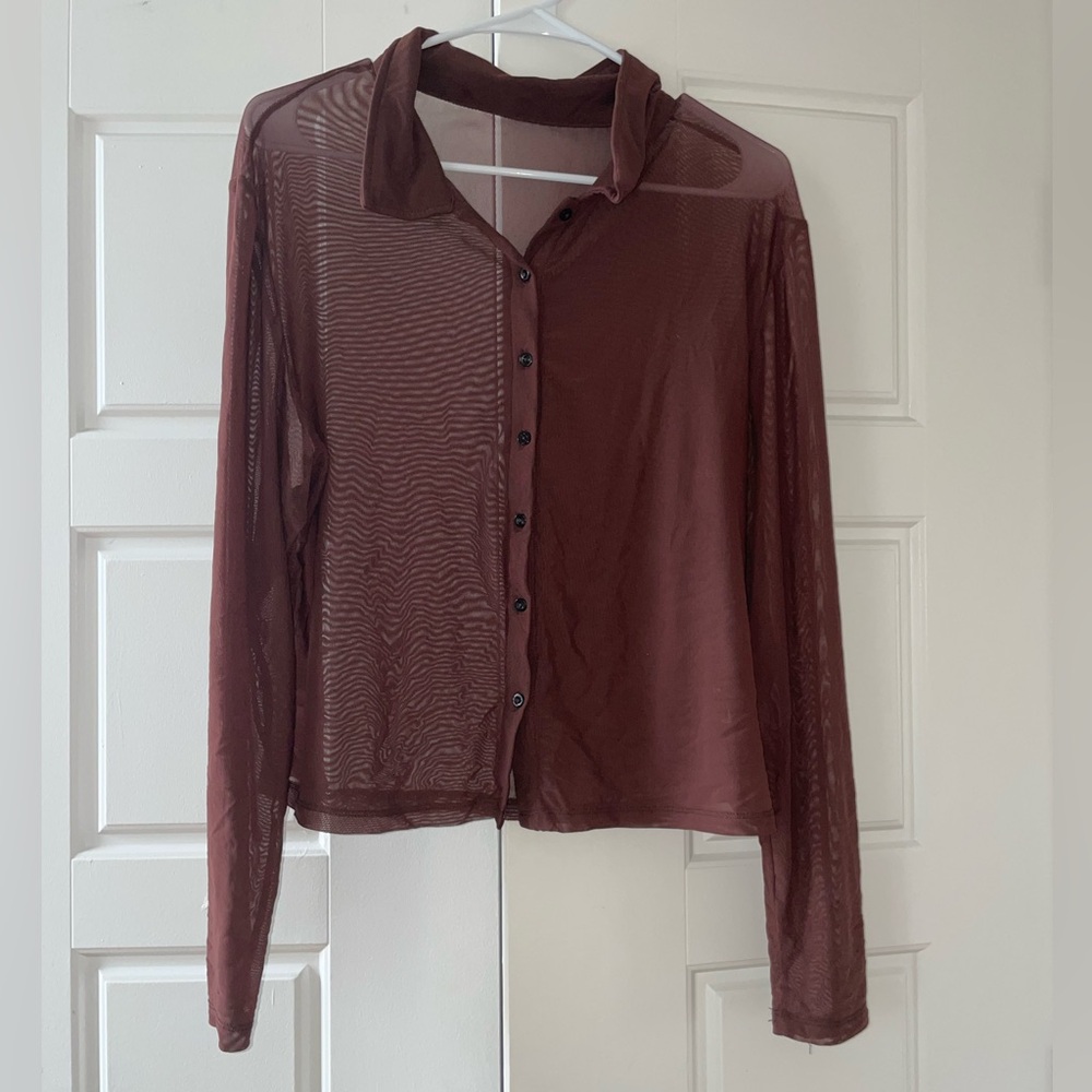 brown see through button up
